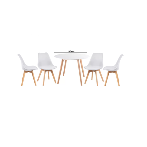 Conjunto de Jantar Mesa Leda 90cm Branca + 4 Cadeiras Leda com Almofada Branca
