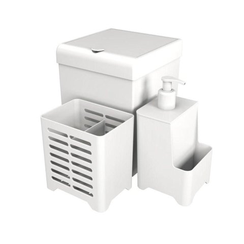 Kit Pia 3 Peças Lixeira Dispenser Porta Talher Cozinha - Stolf Branco