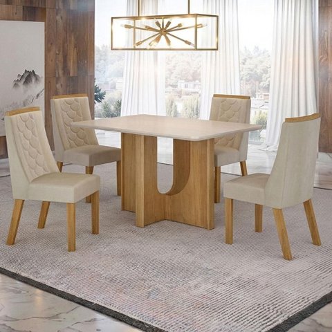 Mesa de Jantar Dora 120x80 Vidro 25mm Cinamomo Off White com Kit 4 Cadeiras Veludo Bege -Valdemóveis
