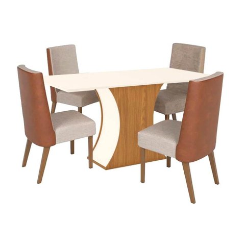 Sala de Jantar Completa Luiza Sc15 Tampo Madeirado C/ Vidro Canto Curvo 160x90cm e 4 Cadeiras Anne