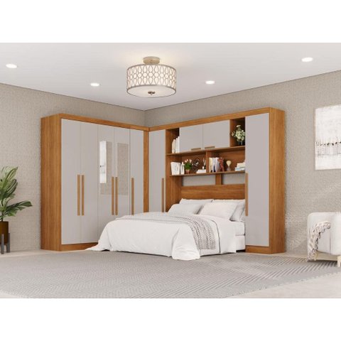 Guarda-Roupa Casal Modulado de Canto com Espelhos 9 Portas 2 Gavetas Multimóveis Cinamomo/Off White