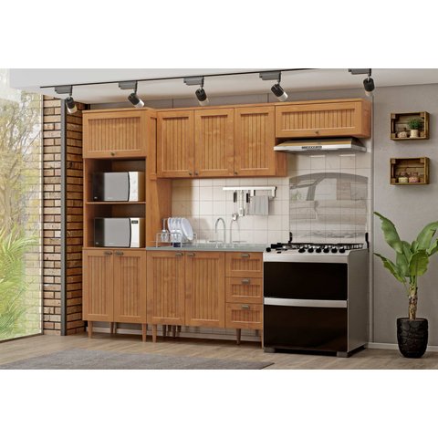 Cozinha Modulada em Madeira 9 Portas e 3 Gavetas com Torre Quente 2 Fornos Versalles Mel