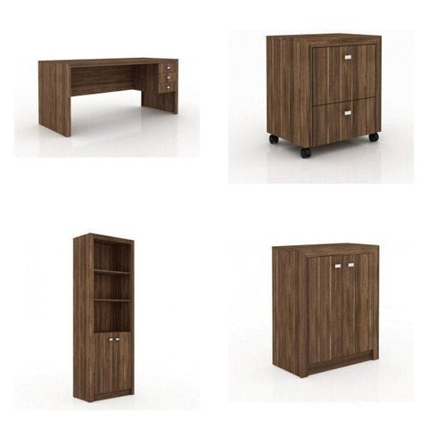 Conjunto 8 Peças com 2 Escrivaninhas, 3 Gaveteiros, 2 Estantes e 1 Armário Multiuso Baixo