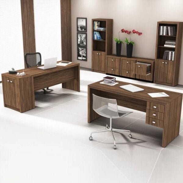 Conjunto Home Office 8 Peças com 2 Mesas, 3 Gaveteiros, 2 Estantes e 1 Balcão Espresso Móveis