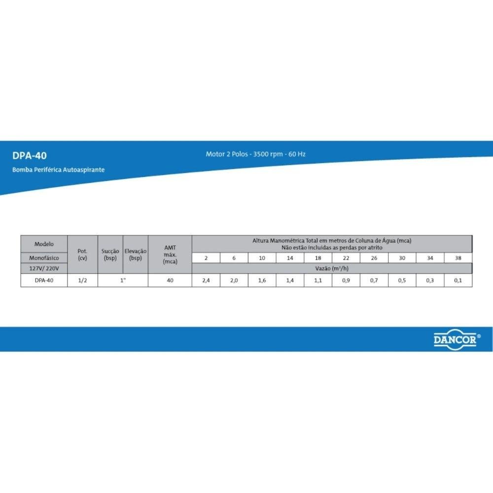 Bomba D'água 1/2 Cv Periférica Dpa-40 95280005 Bivolt Dancor - 6