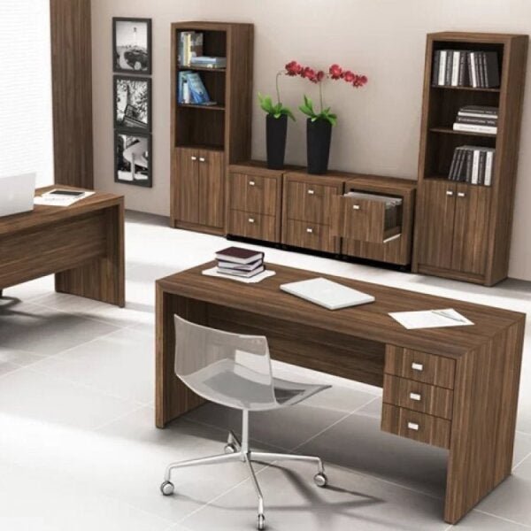 Conjunto Home Office 1 Escrivaninha, 2 Estantes e 3 Gaveteiros Balcão Tecno Mobili