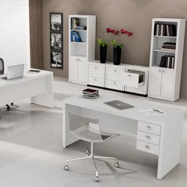 Conjunto Home Office 6 Peças com 1 Escrivaninha, 2 Estantes e 3 Gaveteiros Tecno Mobili - 1