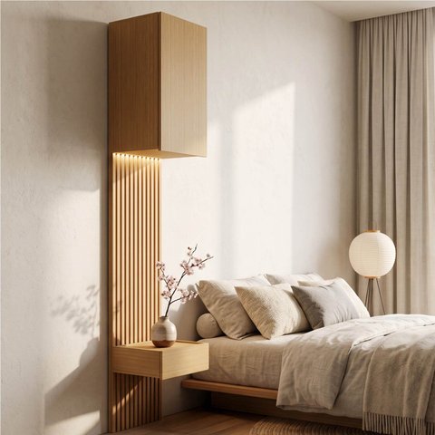 Ponte com Mesa de Cabeceira Planejada com Painel Ripado Samambaia CabeCasa MadeiraOriginals Marrom