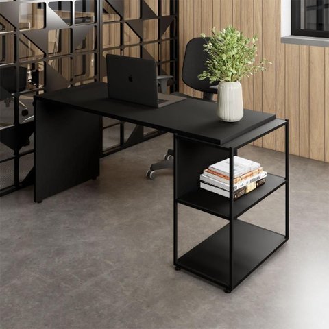 Escrivaninha com Estante Baixa Escritório 3 Prateleiras 150cm Preto
