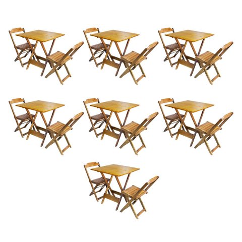 Kit 7 Conjuntos de Mesa Dobravel com 2 Cadeiras de Madeira 70x70 para Restaurante e Bar - Mel