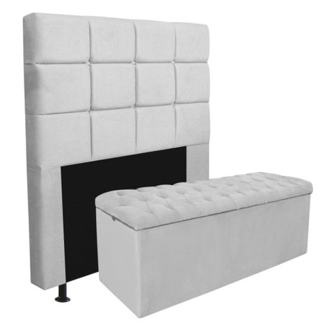 Kit Cabeceira + Calçadeira Baú Espanha 140cm Casal para Cama Box Corino Branco - Gat Magazine
