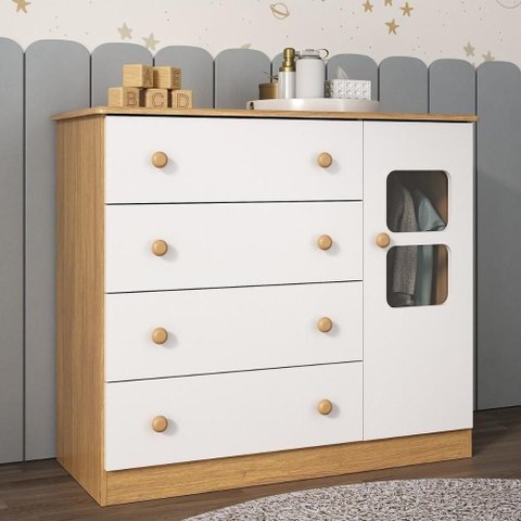 Cômoda Infantil 95cm 1 Porta com Vidro e 4 Gavetas Brisa Multimóveis Mp4428 Madeirado/branco
