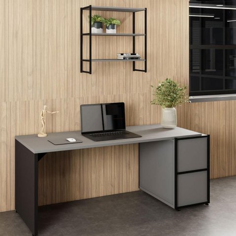 Escrivaninha 1,7m e Nicho Aéreo Industrial 3 Prateleiras F5 Cor:cinza Sagrado com Preto