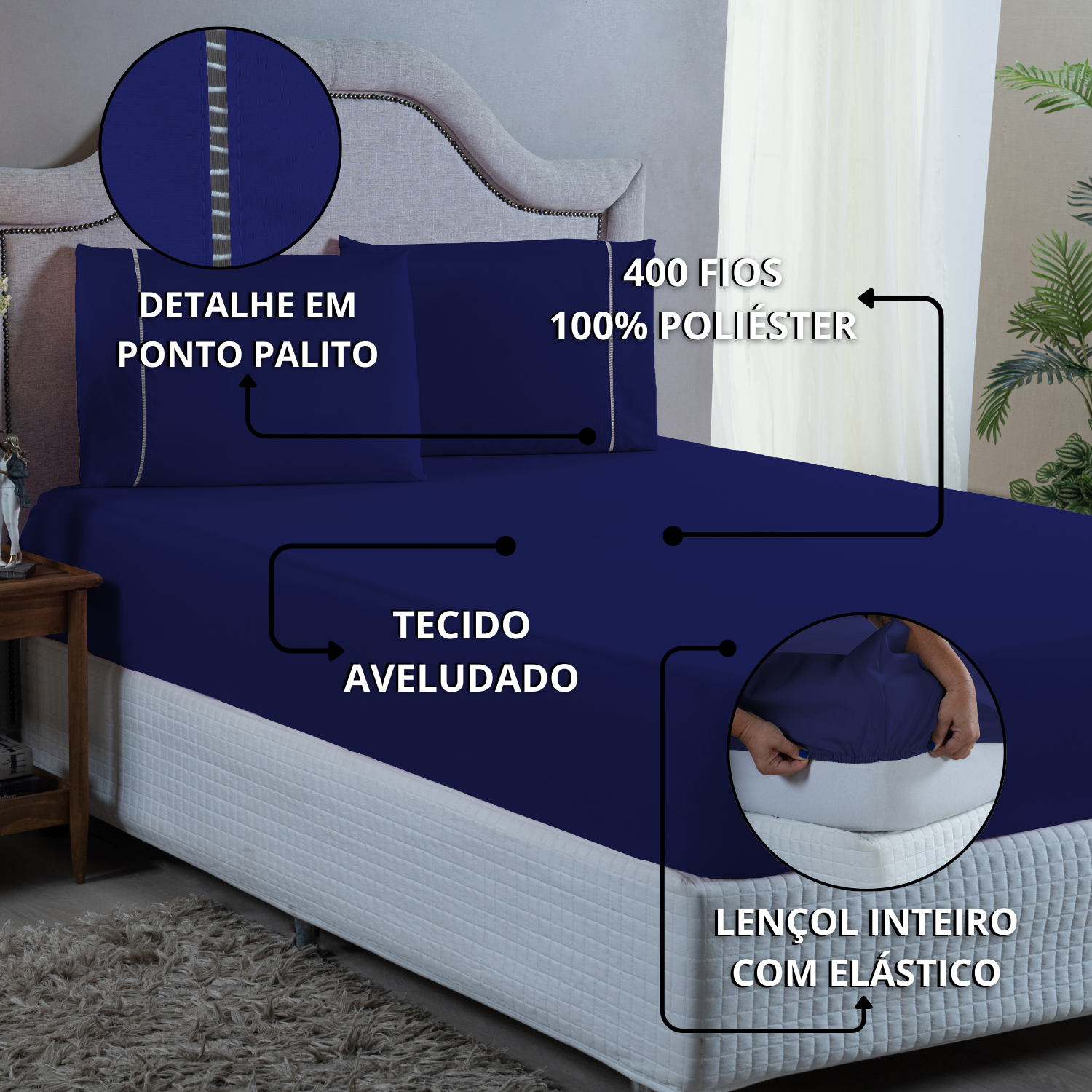 Jogo de Cama Queen 400 Fios Ponto Palito Micropercal 3 Peças Toque Macio Aveludado:azul Marinho - 5