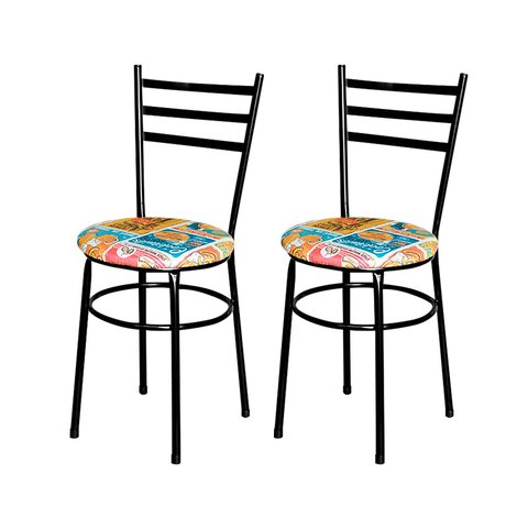2 Cadeiras para Mesa Epoxi Preta Assento Floral:happy Hour