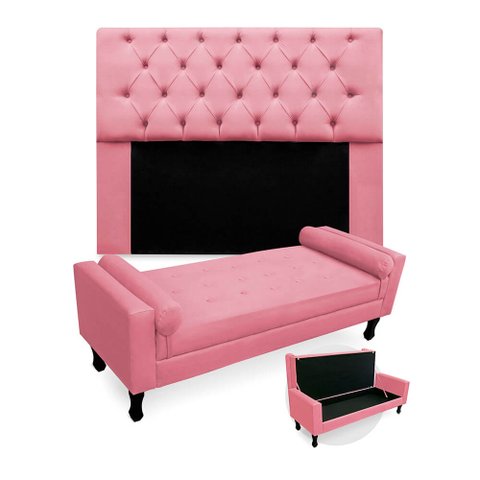 Kit Cabeceira Mirage + Calçadeira Baú Felix Casal 140cm Suede - Ecotec Decor:Rosa