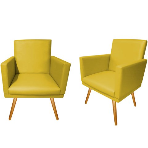 Kit 2 Poltronas Decorativa Nina Couro Amarelo Pés Madeira Ms Decor