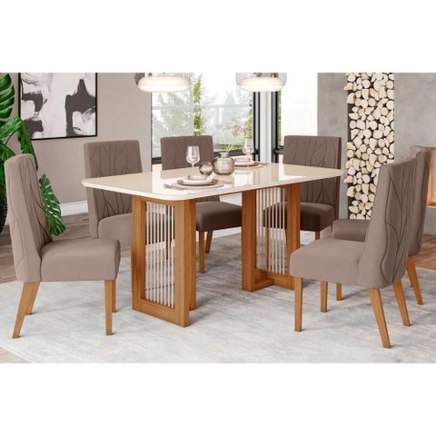 Conjunto: Mesa Sala Jantar Yara C/ Tampo Madeirado C/ Vidro Curvo 160x90cm e 6 Cadeiras Eloa Nature/