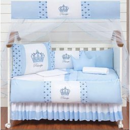 Kit Berço Completo com Duas Proteções Laterais para Menino 12 Pç Coroa Principe Azul Claro com - 1