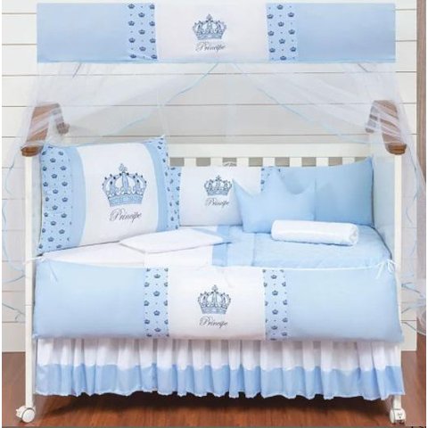 Kit Berço Completo com Duas Proteções Laterais para Menino 12 Pç Coroa Principe Azul Claro com