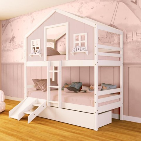 Beliche Casinha Dos Sonhos com 02 Gavetas Kit Escada/ Escorregador Madeira Maciça Rosa/ Branco