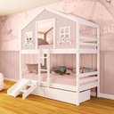 Ver imagem 1 de Beliche Casinha Dos Sonhos com 02 Gavetas Kit Escada/ Escorregador Madeira Maciça Rosa/ Branco