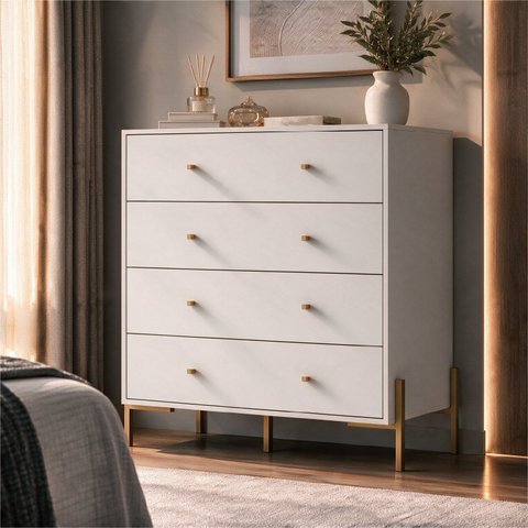 Cômoda 4 Gavetas 100% MDF com Pintura UV e Pés em Metal 95x89x45cm Branco Fosco