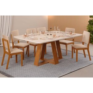 Sala de Jantar Completa Celeste Tampo Madeirado C/ Vidro Retangular 160x90cm e 6 Cadeiras Talia