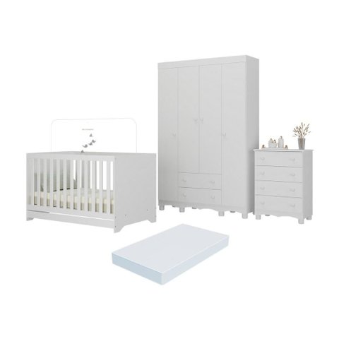 Quarto de Bebê Completo Berço Americano 3 em 1 Colchão Dengo Multimóveis Mp4604 Branco