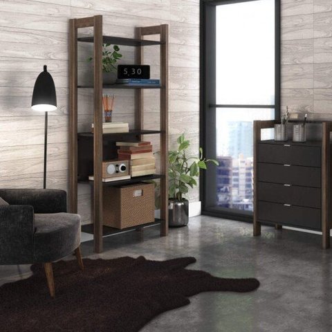 Conjunto 2 Peças com 1 Estante e 1 Gaveteiro Preto/Nogal
