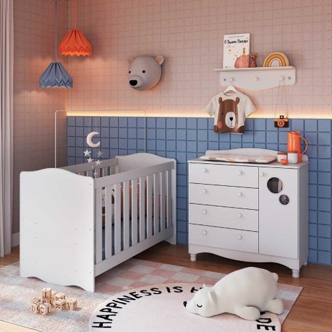 Quarto Infantil 3 Peças com Berço 3 em 1 Cômoda e Prateleira Cor:branco