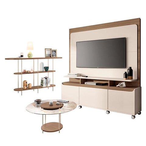 Estante Home Theater Quantum e Aparador Infinity e Mesa de Centro Sky com Tampo de Vidro Off White C