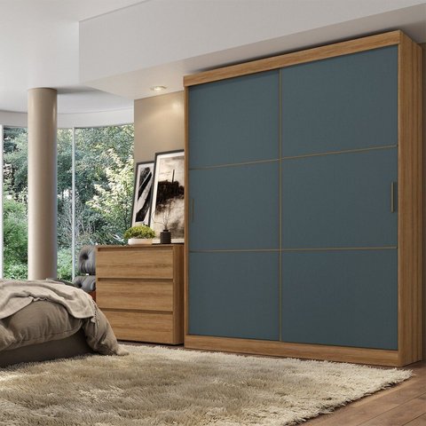Guarda-Roupa Casal 2 Portas de Correr 2 Gavetas Reversível 170cm Glass Comfort Capuccino/Off White/Azul