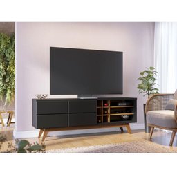 Rack Bancada Noronha 1.8 com Painel para Tv Suspenso Extensivo Leme Preto Acetinado Noce Milano - Co - 6