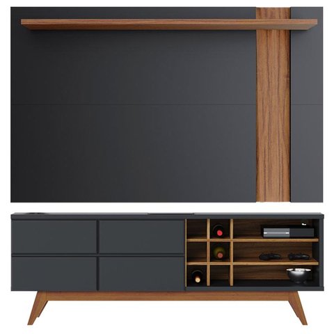 Rack Bancada Noronha 1.8 com Painel para Tv Suspenso Extensivo Leme Preto Acetinado Noce Milano - Co