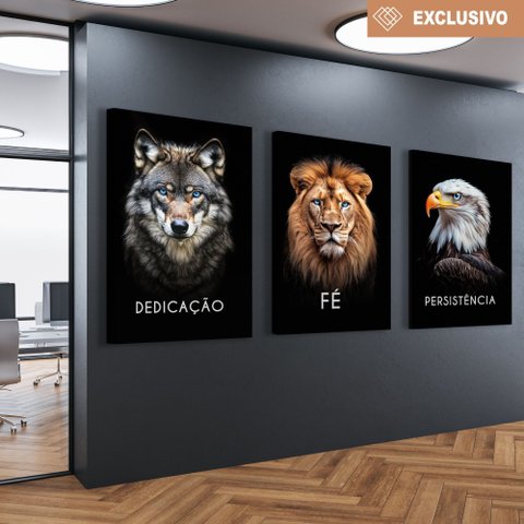 Kit 3 Quadros Decorativo Dedicação Fé Persistência em Cores Lobo Leão Águia Sala Quarto Casa Escritó