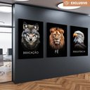 Ver imagem 1 de Kit 3 Quadros Decorativo Dedicação Fé Persistência em Cores Lobo Leão Águia Sala Quarto Casa Escritó