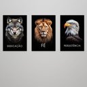 Ver imagem 3 de Kit 3 Quadros Decorativo Dedicação Fé Persistência em Cores Lobo Leão Águia Sala Quarto Casa Escritó
