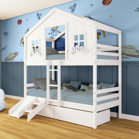 Beliche Casinha Dos Sonhos com 02 Gavetas Kit Escada/ Escorregador Madeira Maciça Branco