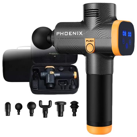 Pistola Massageadora Profissional Phoenix A2 Carbon com 20 Velocidades e Maleta de Transporte Ideal