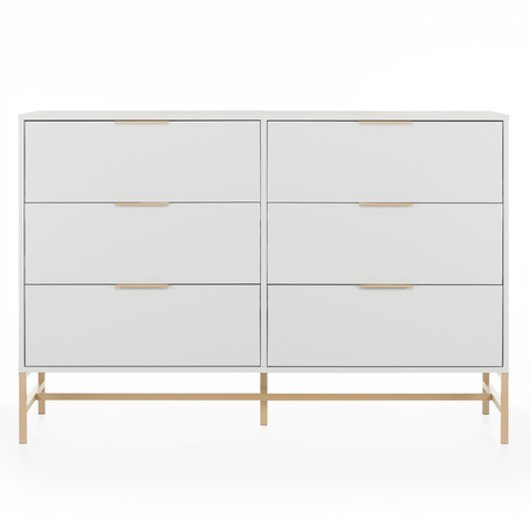 Cômoda Square para Quarto Grande 6 Gavetas Pés de Metal 138cm Off White Dourado Casavee