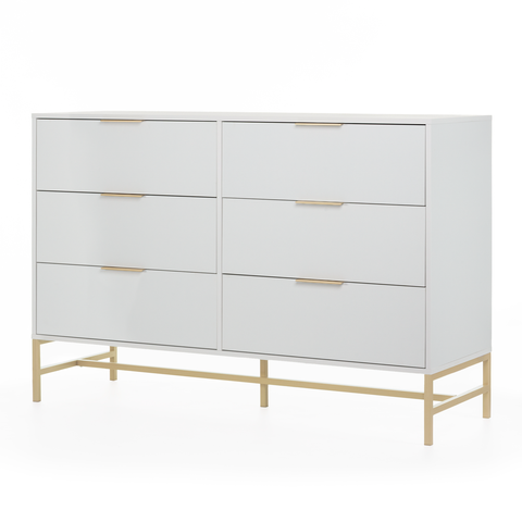 Cômoda Square para Quarto Grande 6 Gavetas Pés de Metal 138cm Off White Dourado Casavee