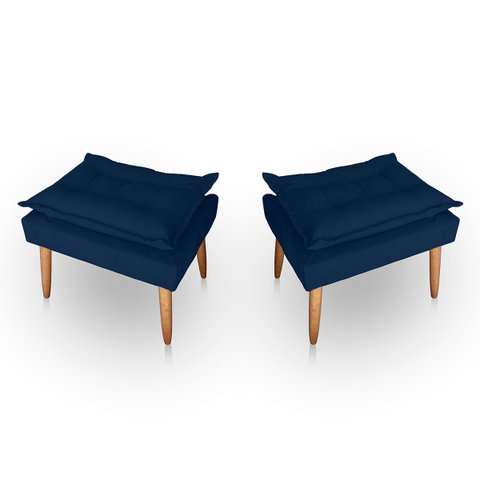Kit 02 Puff para Sala e Quarto Madeira Decorativo Opala Suede Azul Marinho