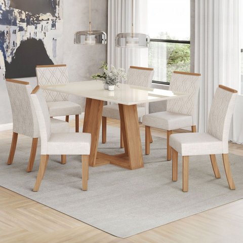 Mesa de Jantar 6 Lugares Sales com Vidro Nature/off White/linho - Pnr Móveis