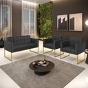 Ver imagem 2 de Kit 1 Sofá Namoradeira e 2 Poltronas Elisa Corino Preto Base Metálica Industrial Dourado - D'Rossi