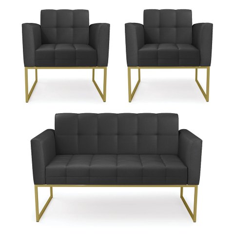 Kit 1 Sofá Namoradeira e 2 Poltronas Elisa Corino Preto Base Metálica Industrial Dourado - D'Rossi