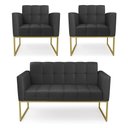 Ver imagem 1 de Kit 1 Sofá Namoradeira e 2 Poltronas Elisa Corino Preto Base Metálica Industrial Dourado - D'Rossi