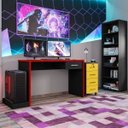Ver imagem 1 de Conjunto Home Office 3 Peças Mesa Gamer, Gaveteiro e Estante Móveis Leão amarelo, preto