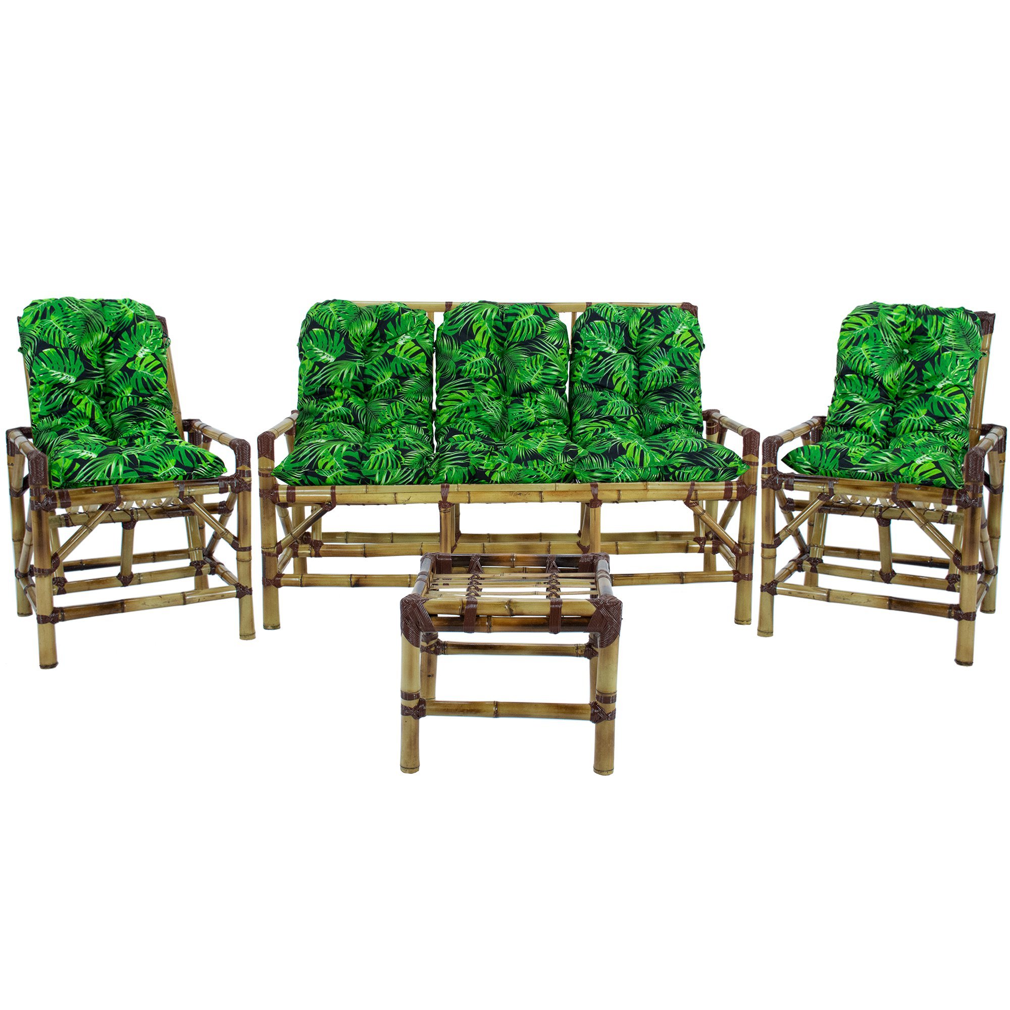 Conjunto Quatro Cadeiras E Mesa De Bambu Vime Jardim Área Almofada Preto