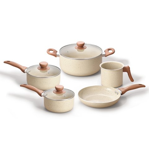 Jogo 5 Panelas Antiaderentes de Ceramica e Aluminio Bege - Oikos